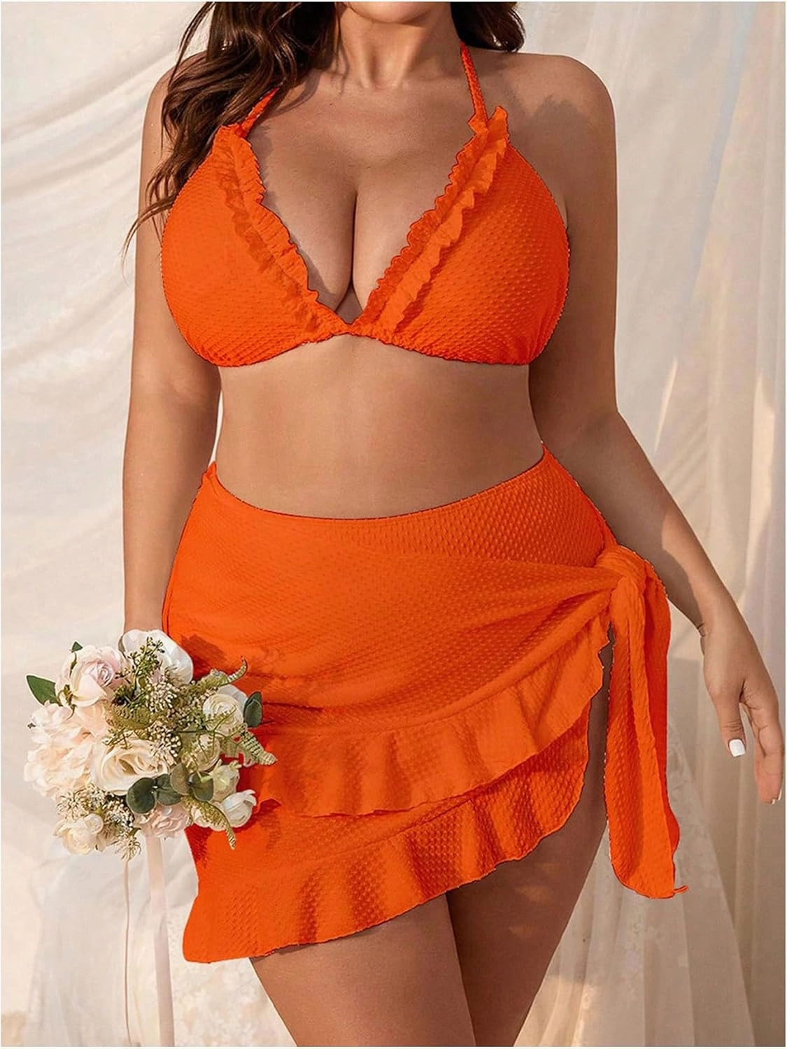 Women's 3 Piece Plus Size Lettuce Trim Bikini Halter Tie Side Triangle Set with Beach Skirt High Cut Bikini Swimsuit
