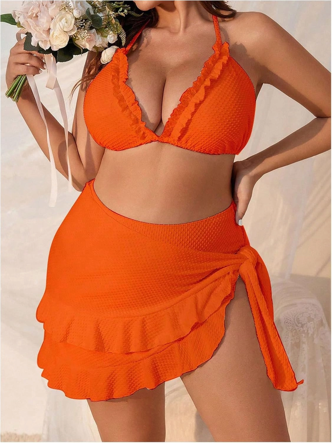 Women's 3 Piece Plus Size Lettuce Trim Bikini Halter Tie Side Triangle Set with Beach Skirt High Cut Bikini Swimsuit