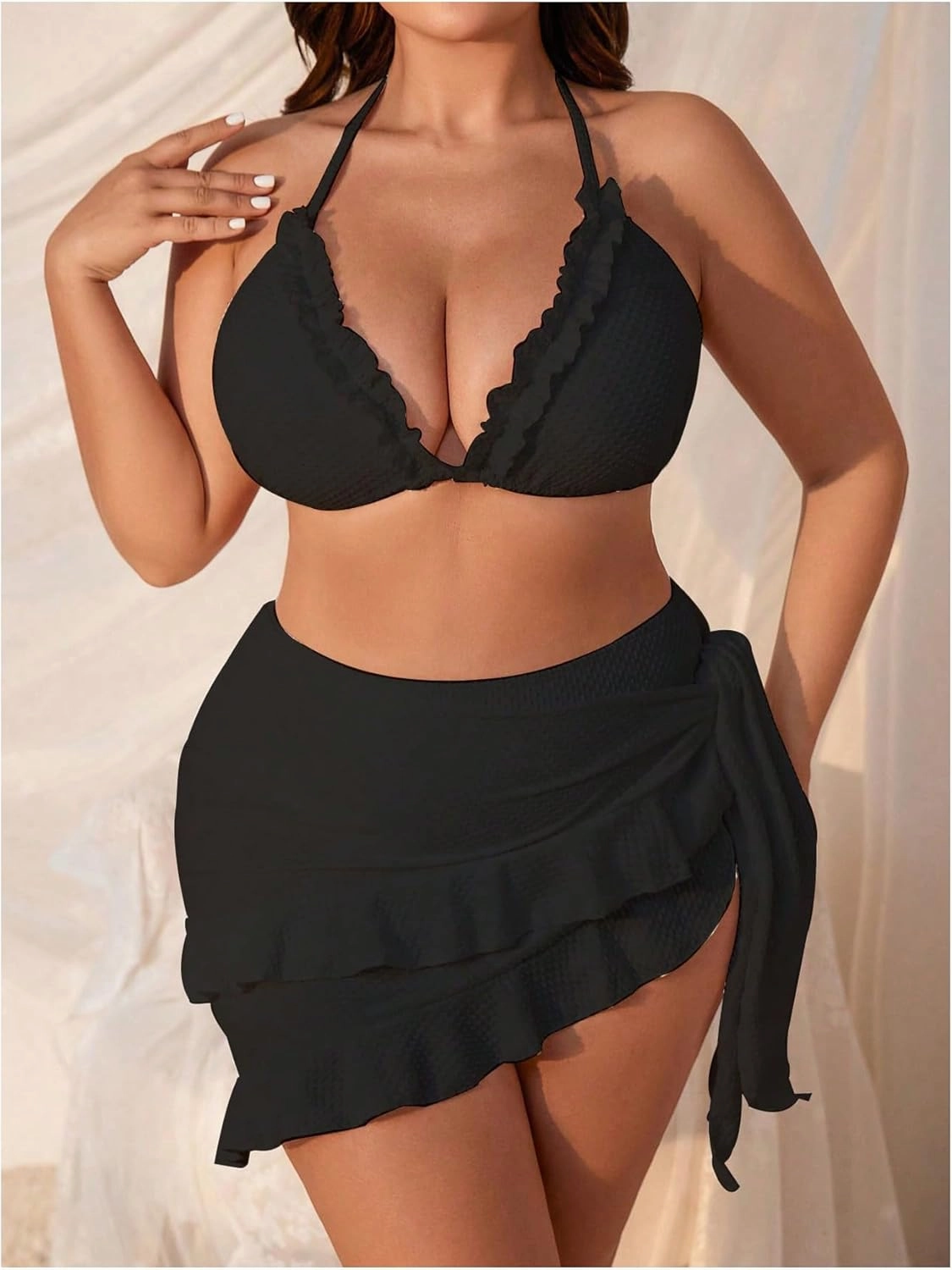 Women's 3 Piece Plus Size Lettuce Trim Bikini Halter Tie Side Triangle Set with Beach Skirt High Cut Bikini Swimsuit