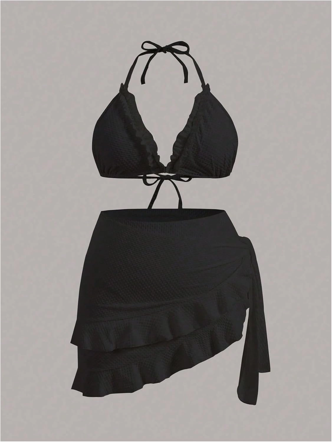 Women's 3 Piece Plus Size Lettuce Trim Bikini Halter Tie Side Triangle Set with Beach Skirt High Cut Bikini Swimsuit