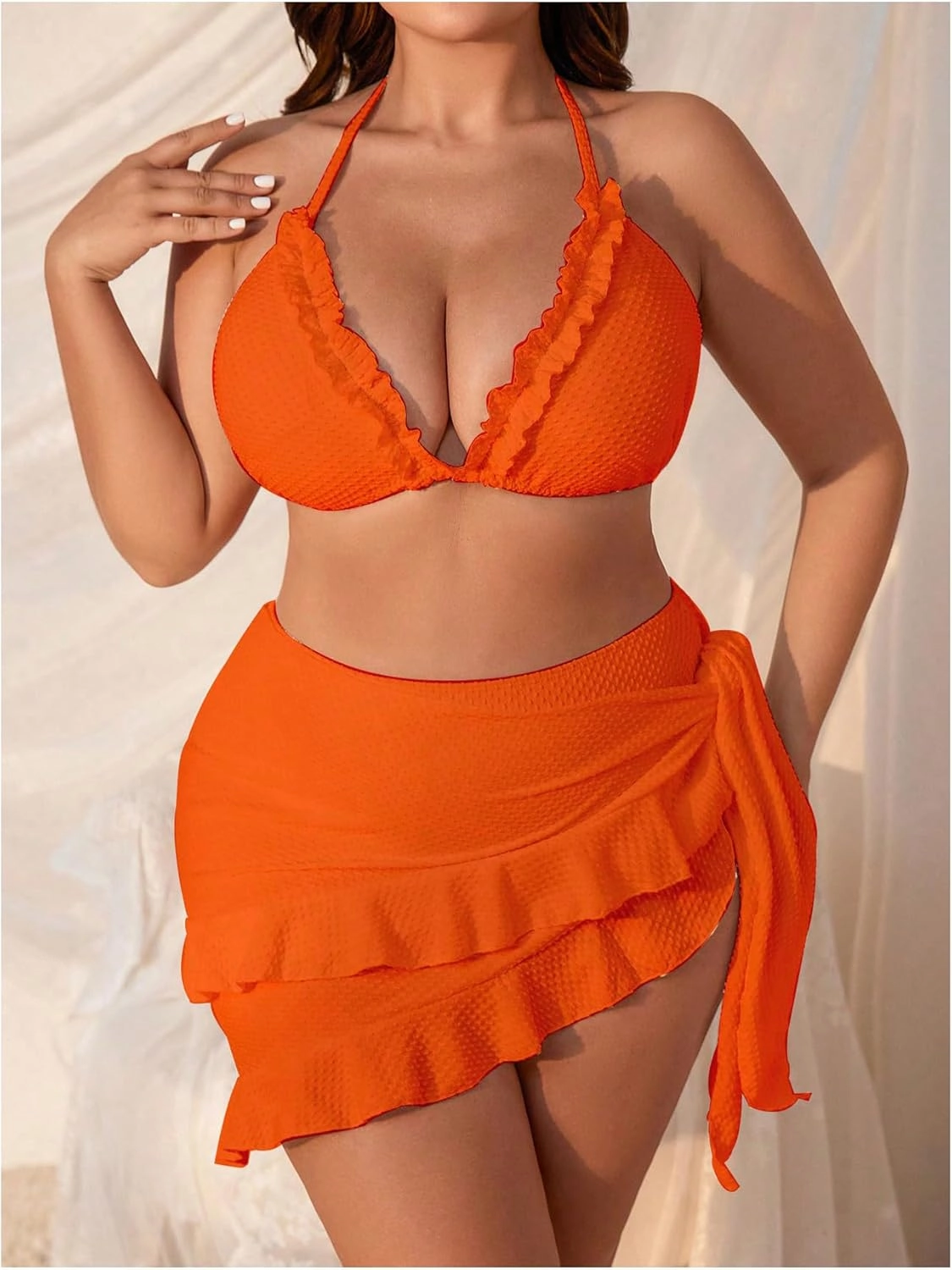 Women's 3 Piece Plus Size Lettuce Trim Bikini Halter Tie Side Triangle Set with Beach Skirt High Cut Bikini Swimsuit