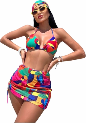 Women's 4 Piece Swimsuits Halter Triangle Bikini Sets Bathing Suit with Mesh Cover Up Skirt & Bandana