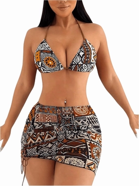 Women's 4 Piece Swimsuits Halter Triangle Bikini Sets Bathing Suit with Mesh Cover Up Skirt & Bandana