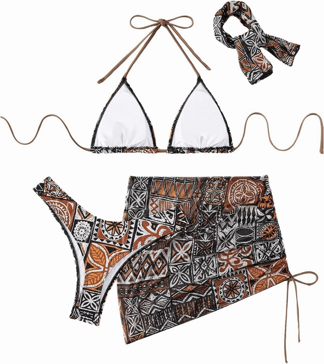 Women's 4 Piece Swimsuits Halter Triangle Bikini Sets Bathing Suit with Mesh Cover Up Skirt & Bandana