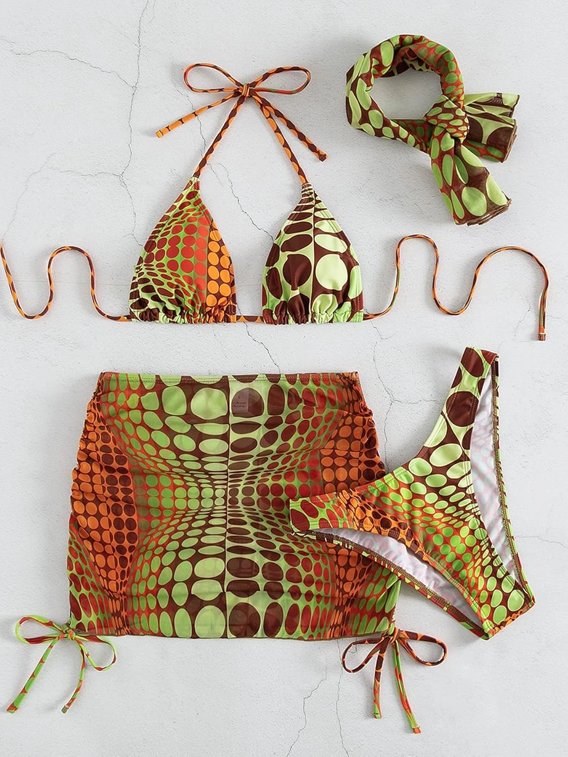 Women's 4 Piece Swimsuits Halter Triangle Bikini Sets Bathing Suit with Mesh Cover Up Skirt & Bandana