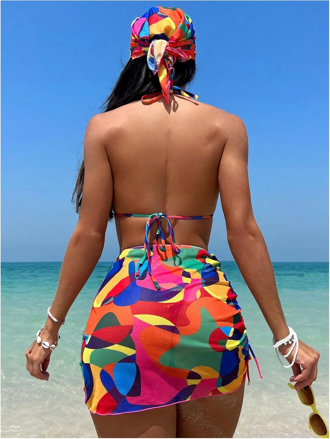 Women's 4 Piece Swimsuits Halter Triangle Bikini Sets Bathing Suit with Mesh Cover Up Skirt & Bandana