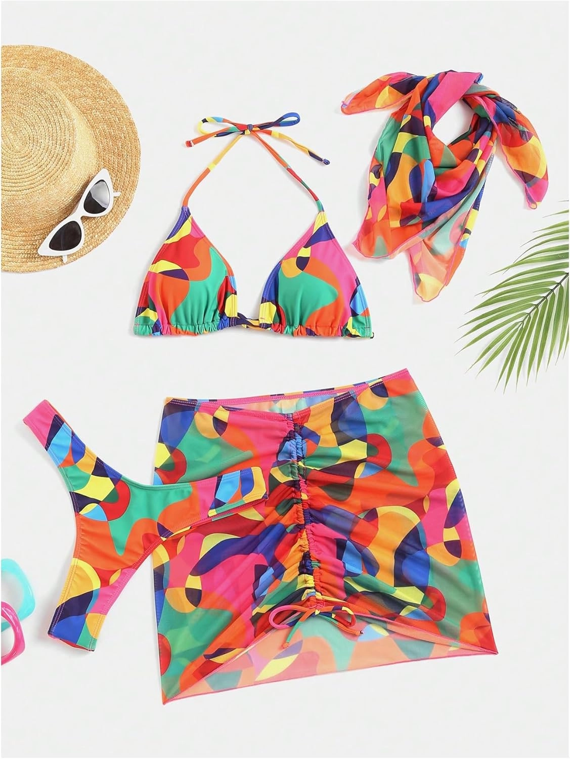 Women's 4 Piece Swimsuits Halter Triangle Bikini Sets Bathing Suit with Mesh Cover Up Skirt & Bandana