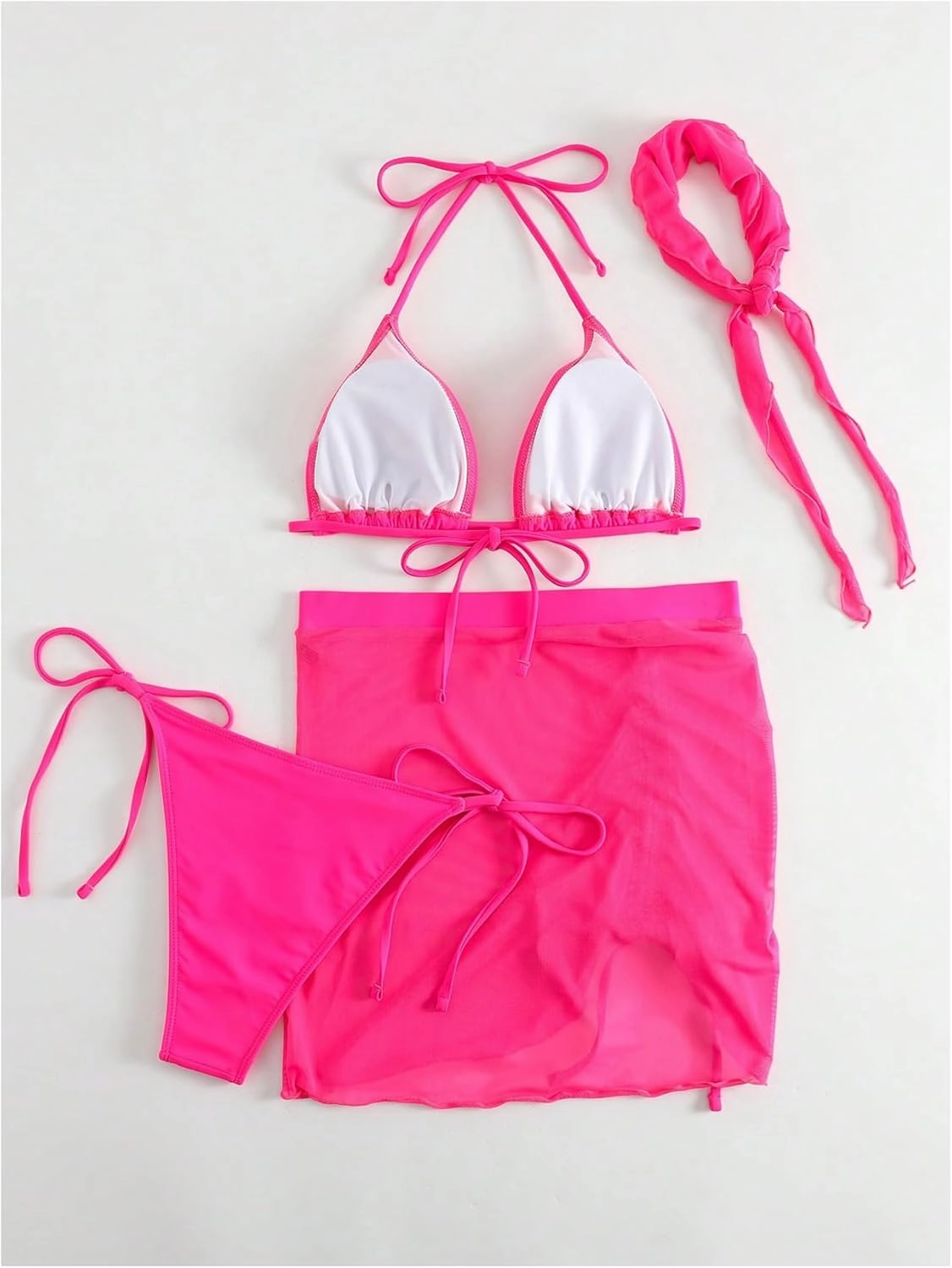 Women's 4 Piece Swimsuits Halter Triangle Bikini Sets Bathing Suit with Mesh Cover Up Skirt & Bandana