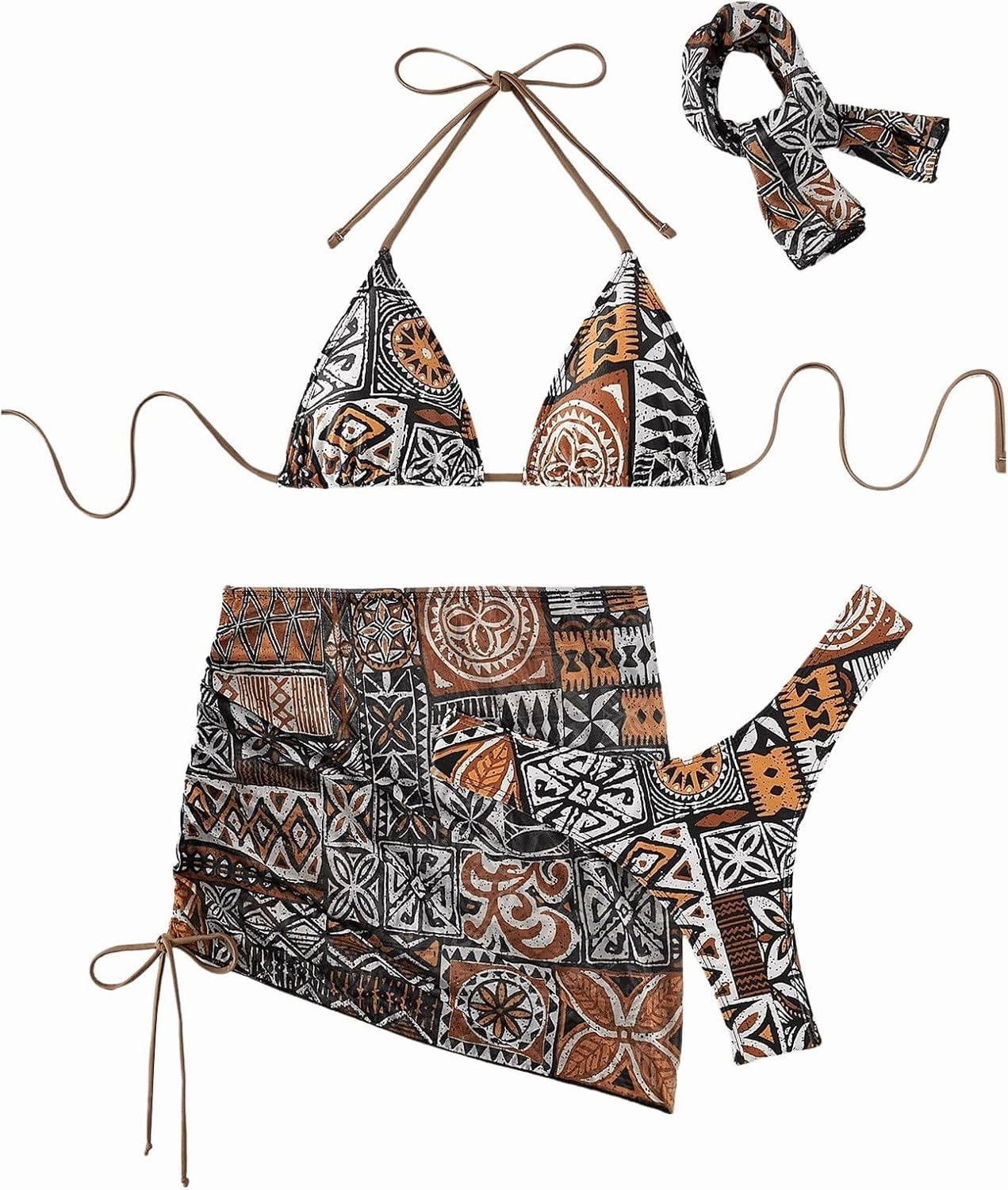 Women's 4 Piece Swimsuits Halter Triangle Bikini Sets Bathing Suit with Mesh Cover Up Skirt & Bandana