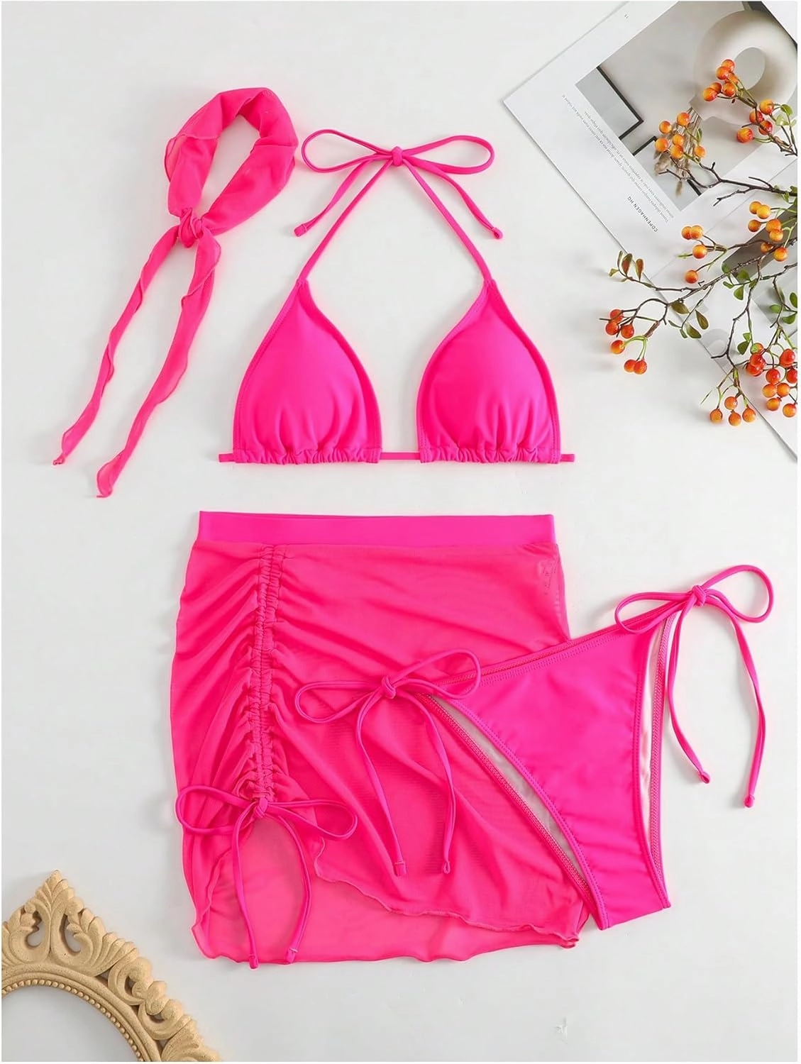 Women's 4 Piece Swimsuits Halter Triangle Bikini Sets Bathing Suit with Mesh Cover Up Skirt & Bandana