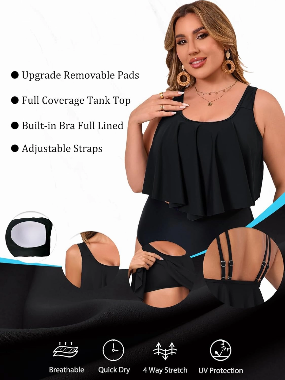 Women's Bikini Top Tankini Tops Push Up Bathing Suit Top Flounce Swimsuit Tops Swim Bra for Large Bust