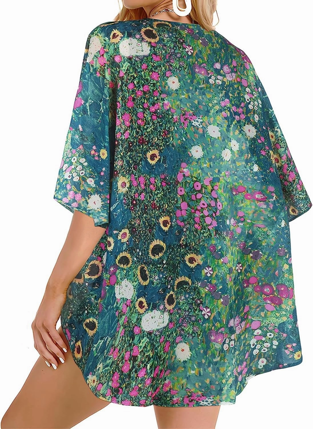 Women's Floral Cardigan Coverups Bohemian Kimono Loose Cover Up Tops Beach Swimsuit Puff Sleeve Blouse Female Chiffon Summer