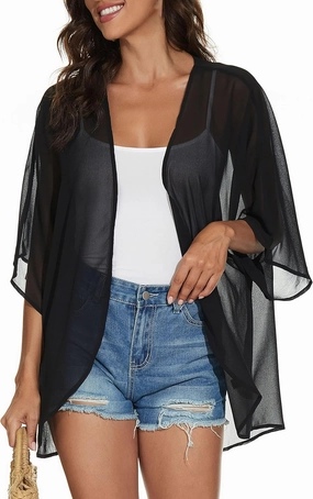 Women's Floral Cardigan Coverups Bohemian Kimono Loose Cover Up Tops Beach Swimsuit Puff Sleeve Blouse Female Chiffon Summer