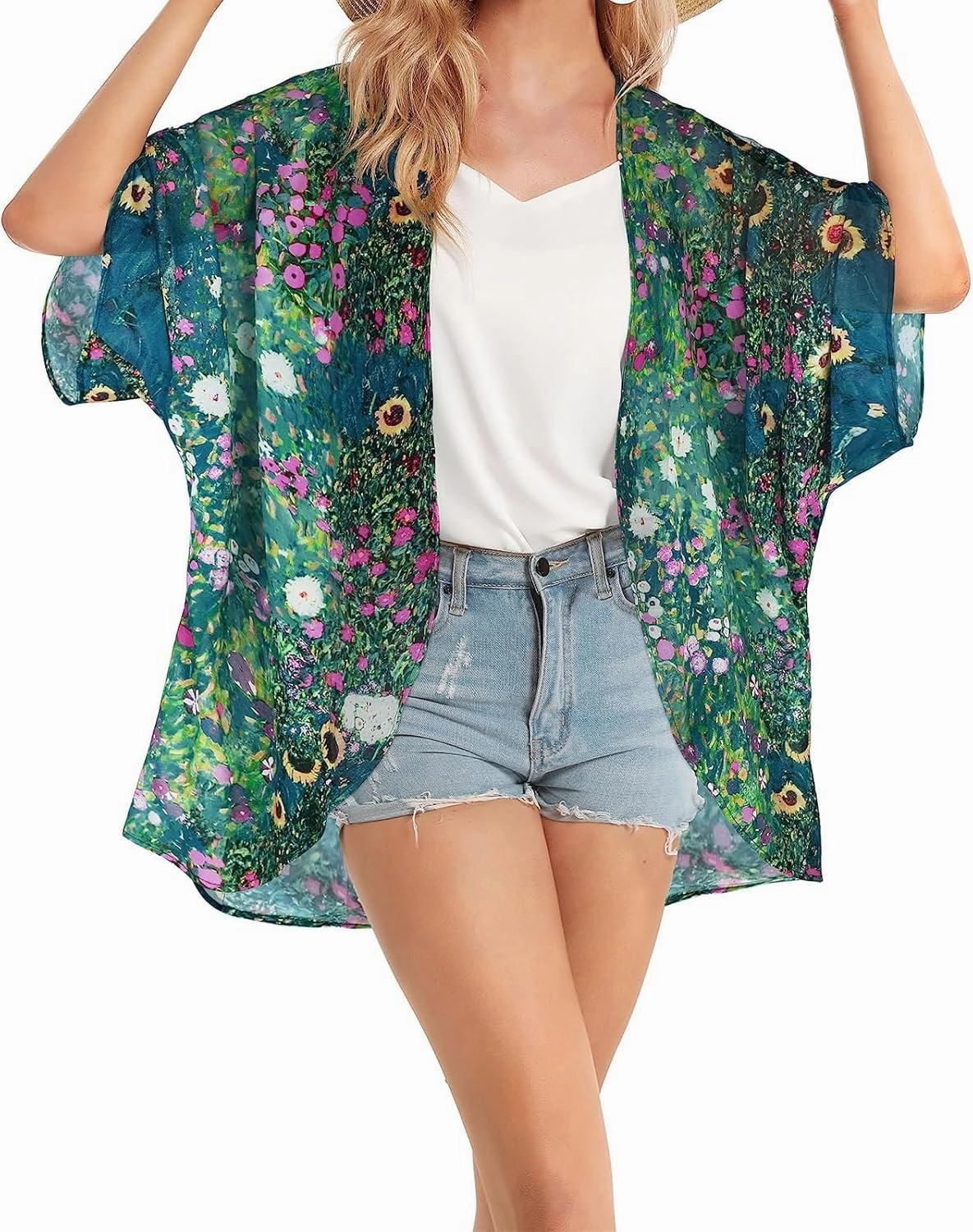 Women's Floral Cardigan Coverups Bohemian Kimono Loose Cover Up Tops Beach Swimsuit Puff Sleeve Blouse Female Chiffon Summer