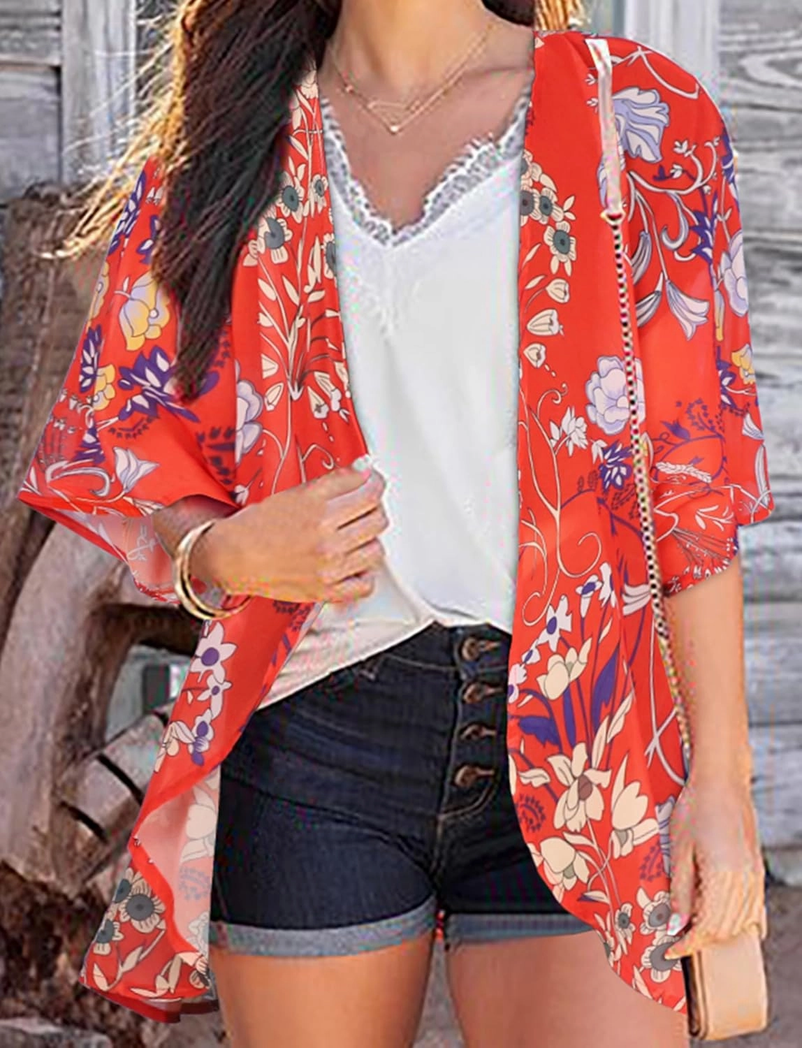 Women's Floral Print Puff Sleeve Kimono Cardigan Loose Cover Up Casual Blouse Tops