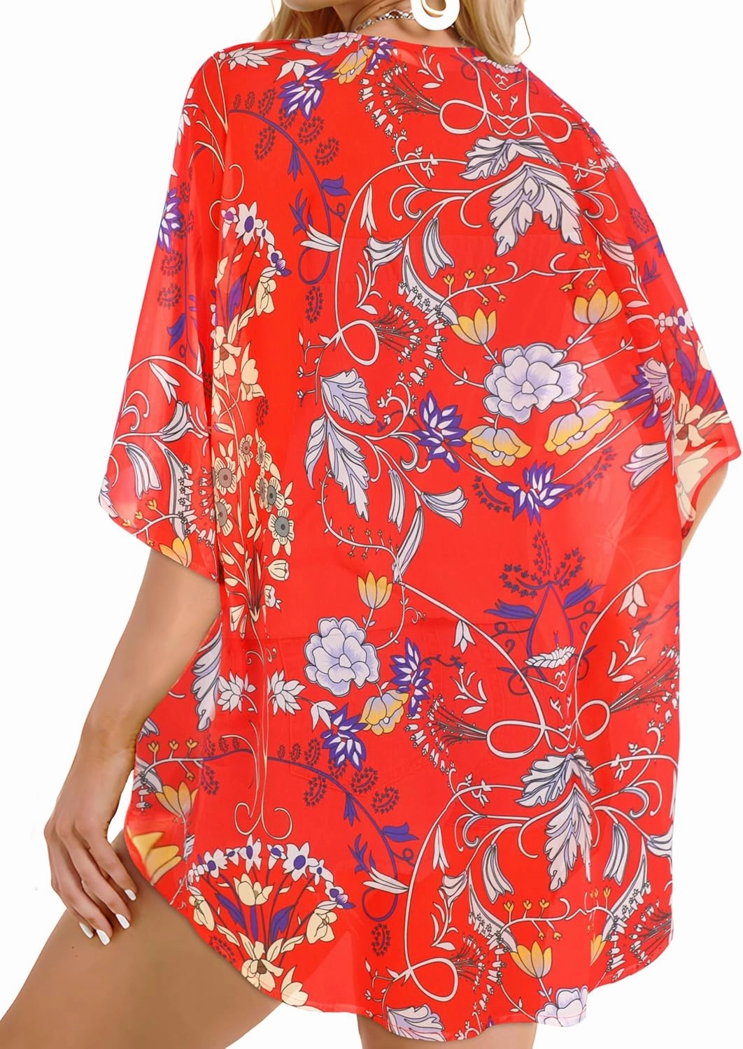 Women's Floral Print Puff Sleeve Kimono Cardigan Loose Cover Up Casual Blouse Tops