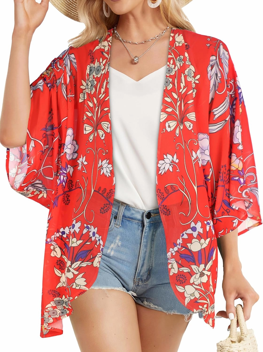 Women's Floral Print Puff Sleeve Kimono Cardigan Loose Cover Up Casual Blouse Tops