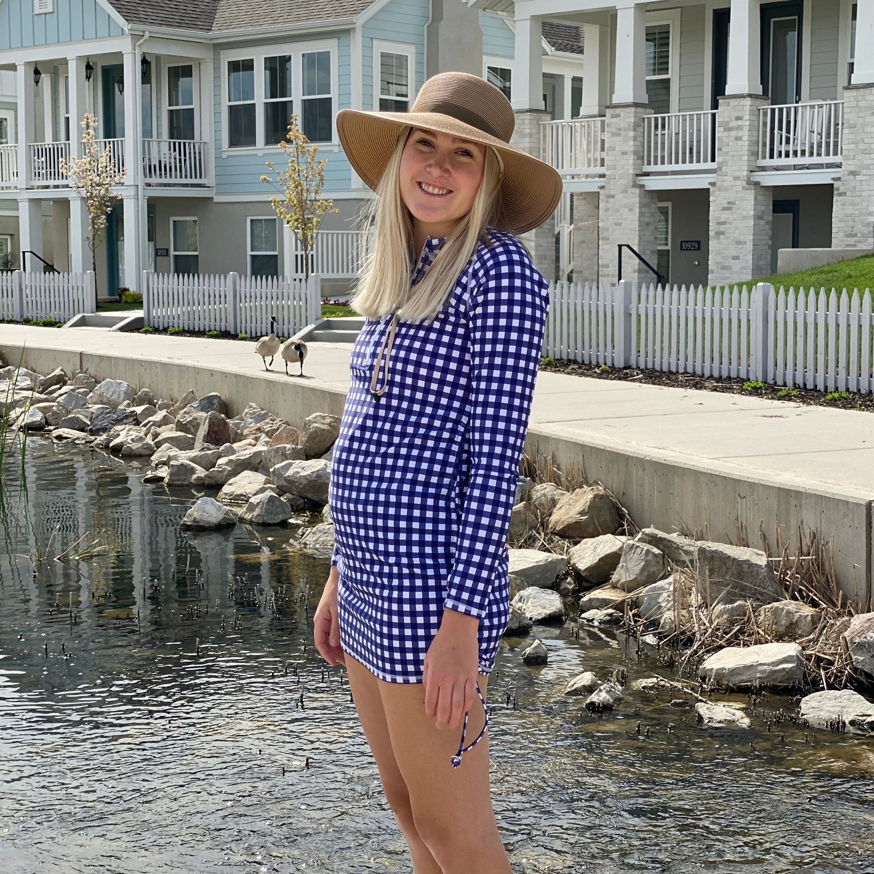 Women's Half Zip Swim Dress Cover Up | "Navy Gingham"