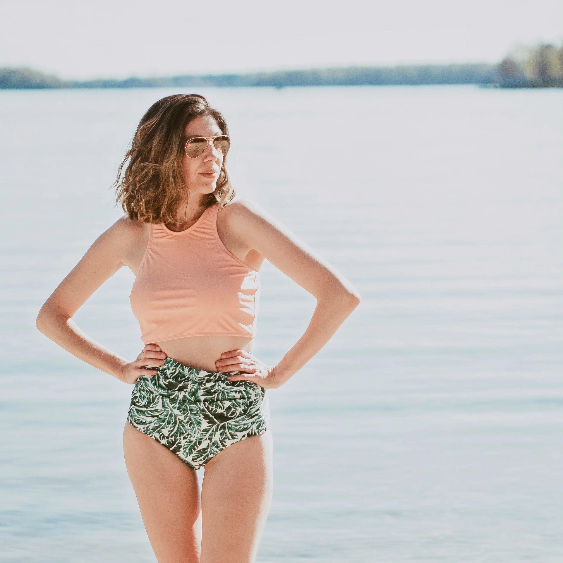 Women's High Waist Bikini Bottoms Ruched | "Palm Leaf"