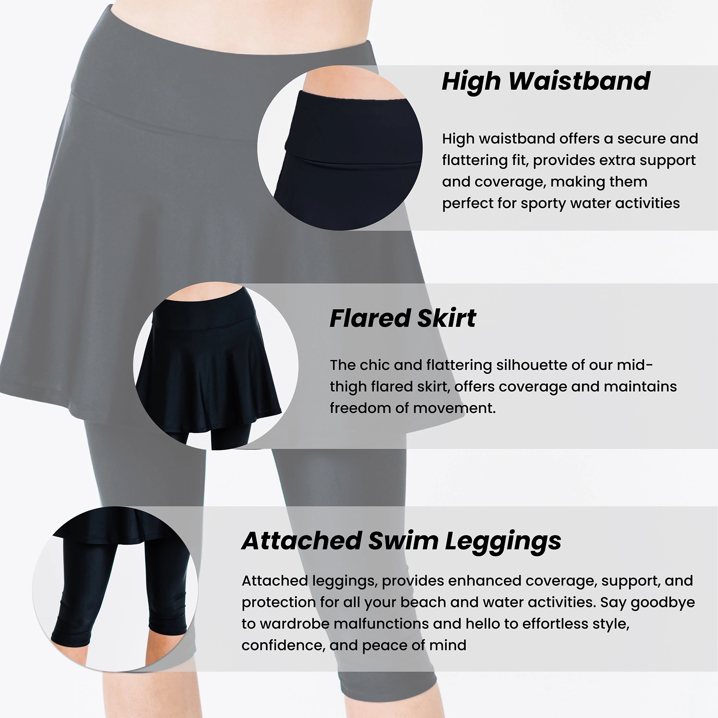 Women's High Waisted Flared Swim Skort With attched Capri Leggings