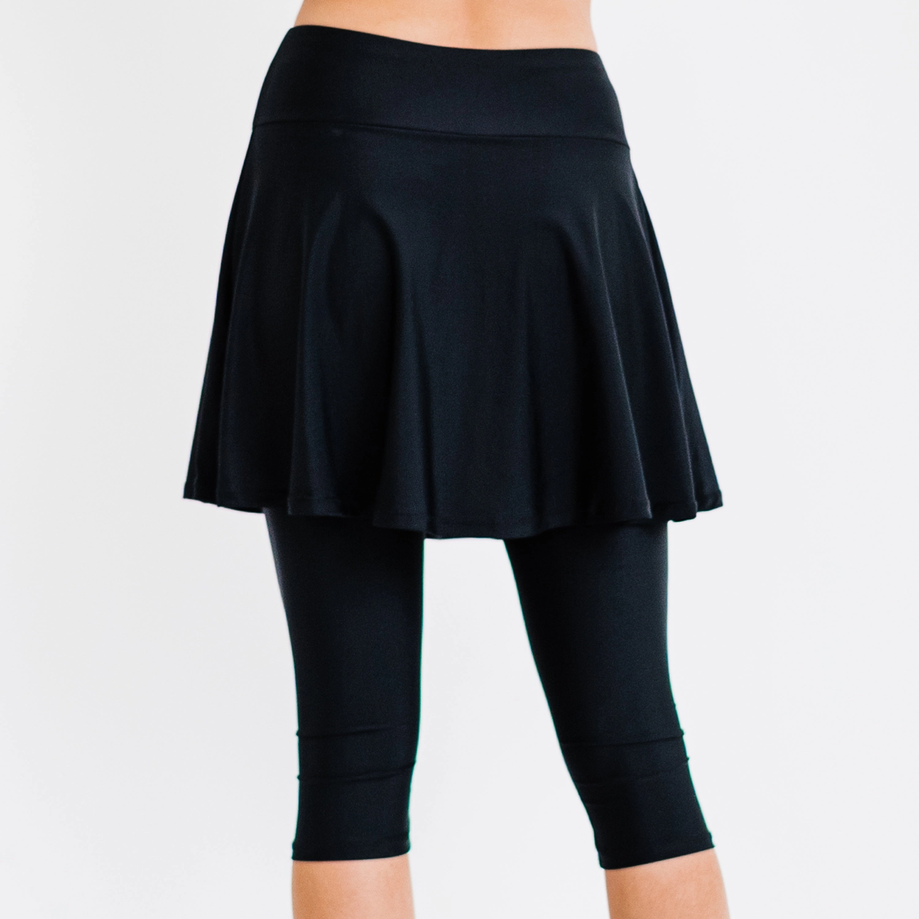 Women's High Waisted Flared Swim Skort With attched Capri Leggings