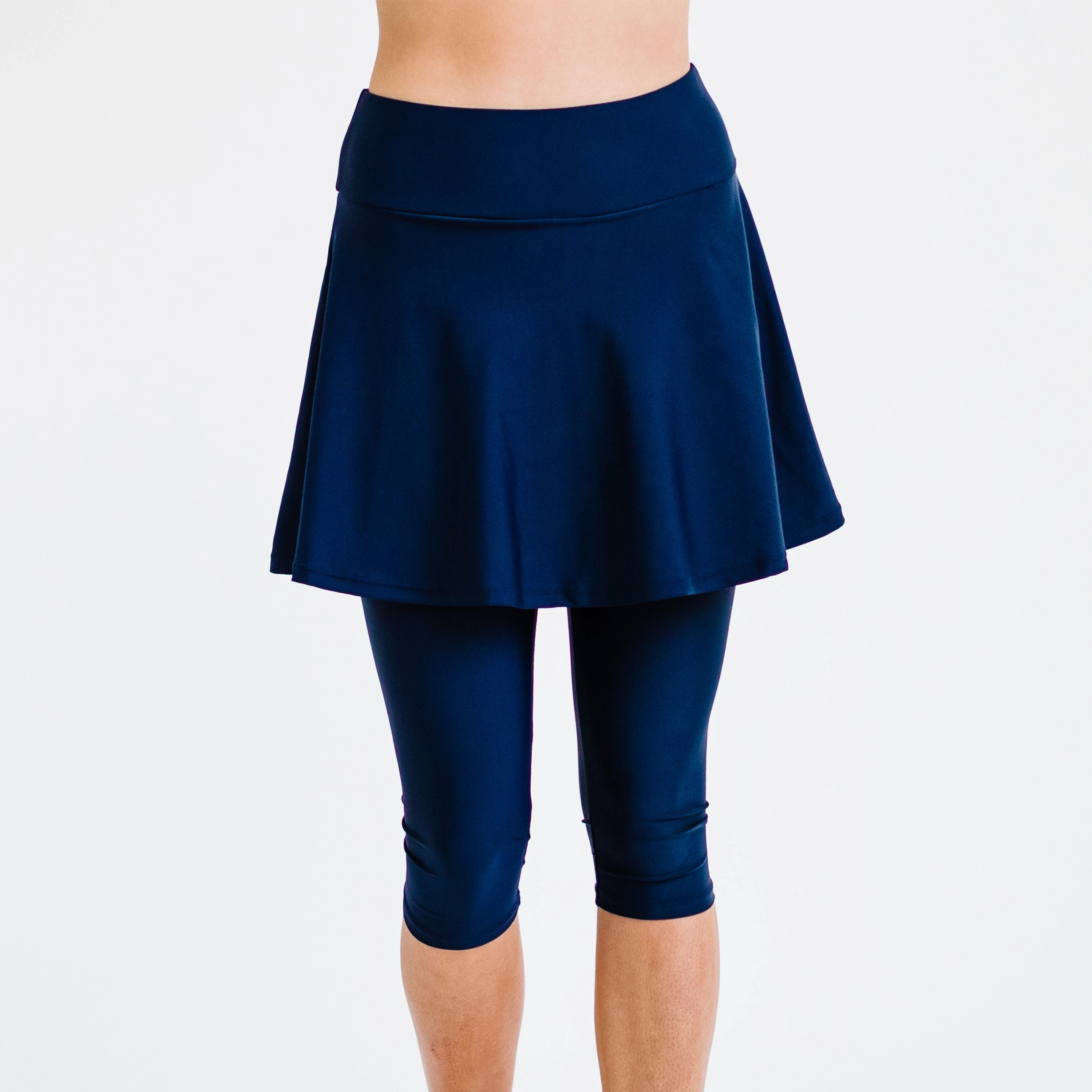 Women's High Waisted Flared Swim Skort With attched Capri Leggings