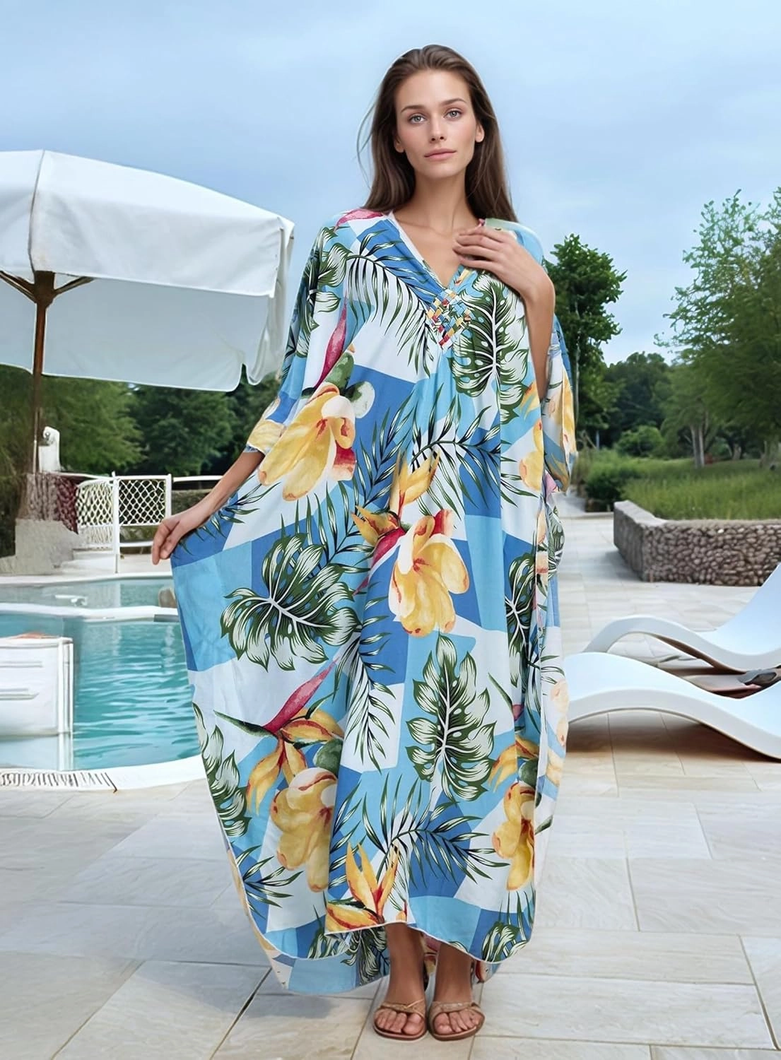 Women's Kaftan Dresses 2025 V Neck Batwing Sleeve Beach Cover Ups Plus Size Lightweight Caftans for Swimwear