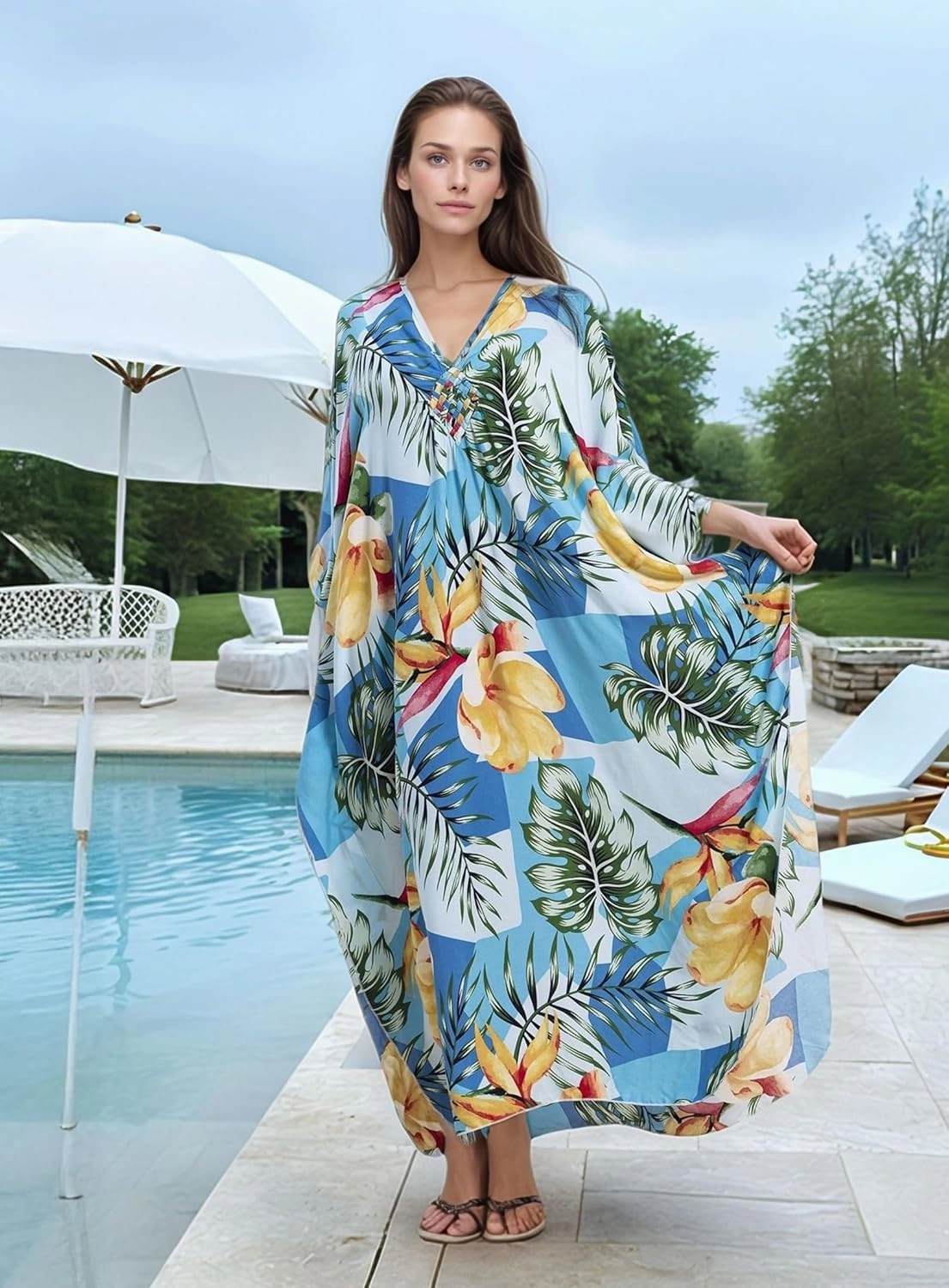 Women's Kaftan Dresses 2025 V Neck Batwing Sleeve Beach Cover Ups Plus Size Lightweight Caftans for Swimwear