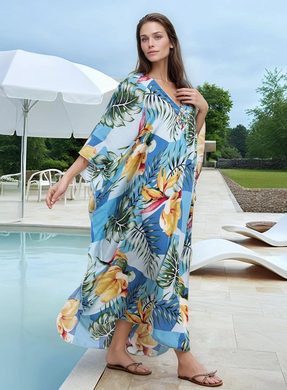 Women's Kaftan Dresses 2025 V Neck Batwing Sleeve Beach Cover Ups Plus Size Lightweight Caftans for Swimwear
