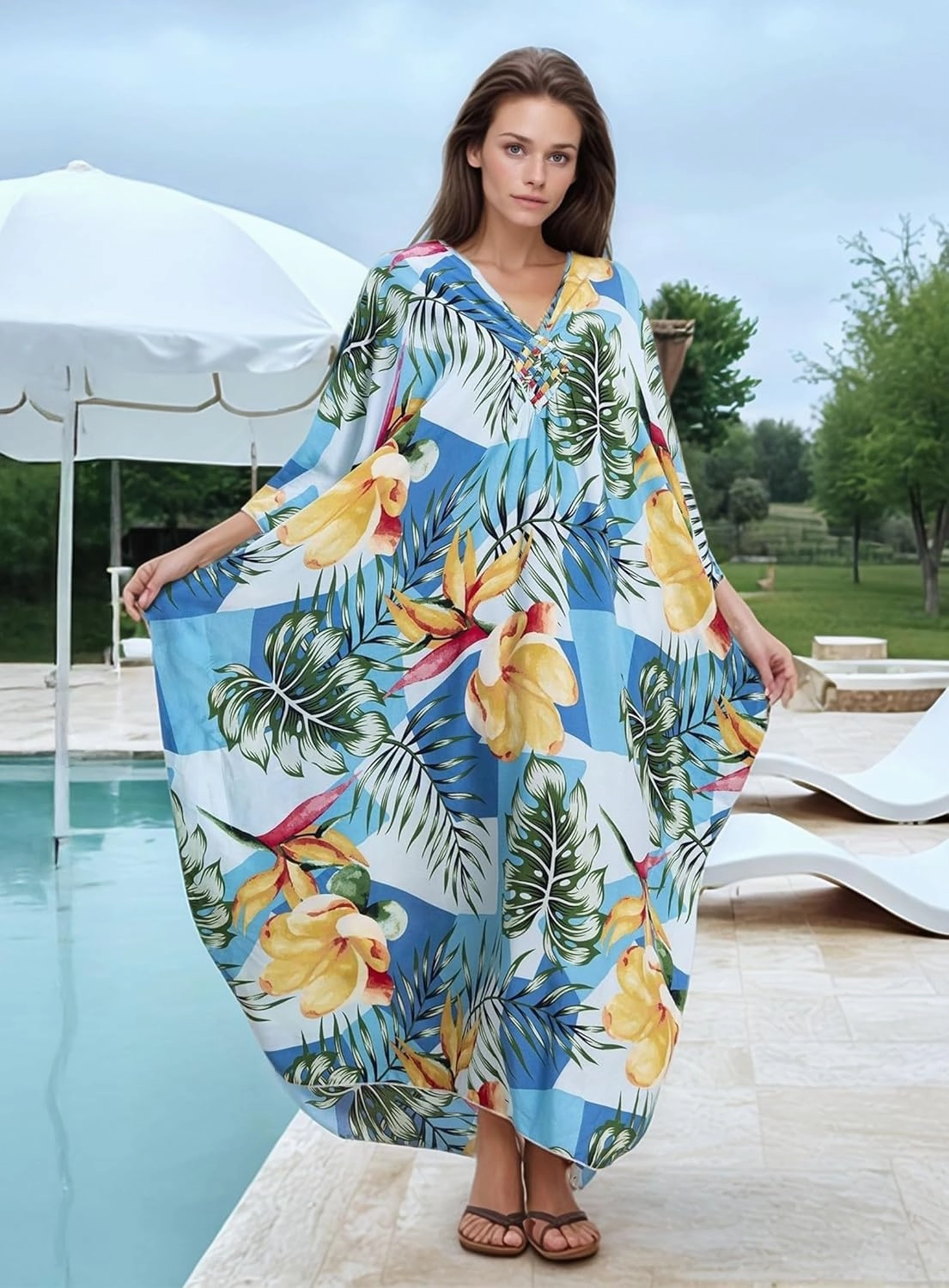 Women's Kaftan Dresses 2025 V Neck Batwing Sleeve Beach Cover Ups Plus Size Lightweight Caftans for Swimwear
