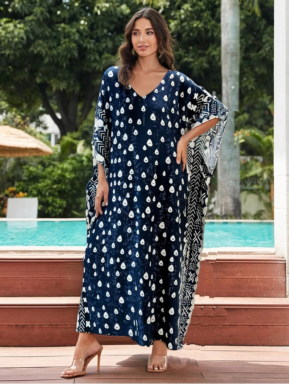 Women's Kaftan Swimwear Cover Up Short Sleeve Caftans for Women Mumu Dresses V-Neck Kaftan for Lounging