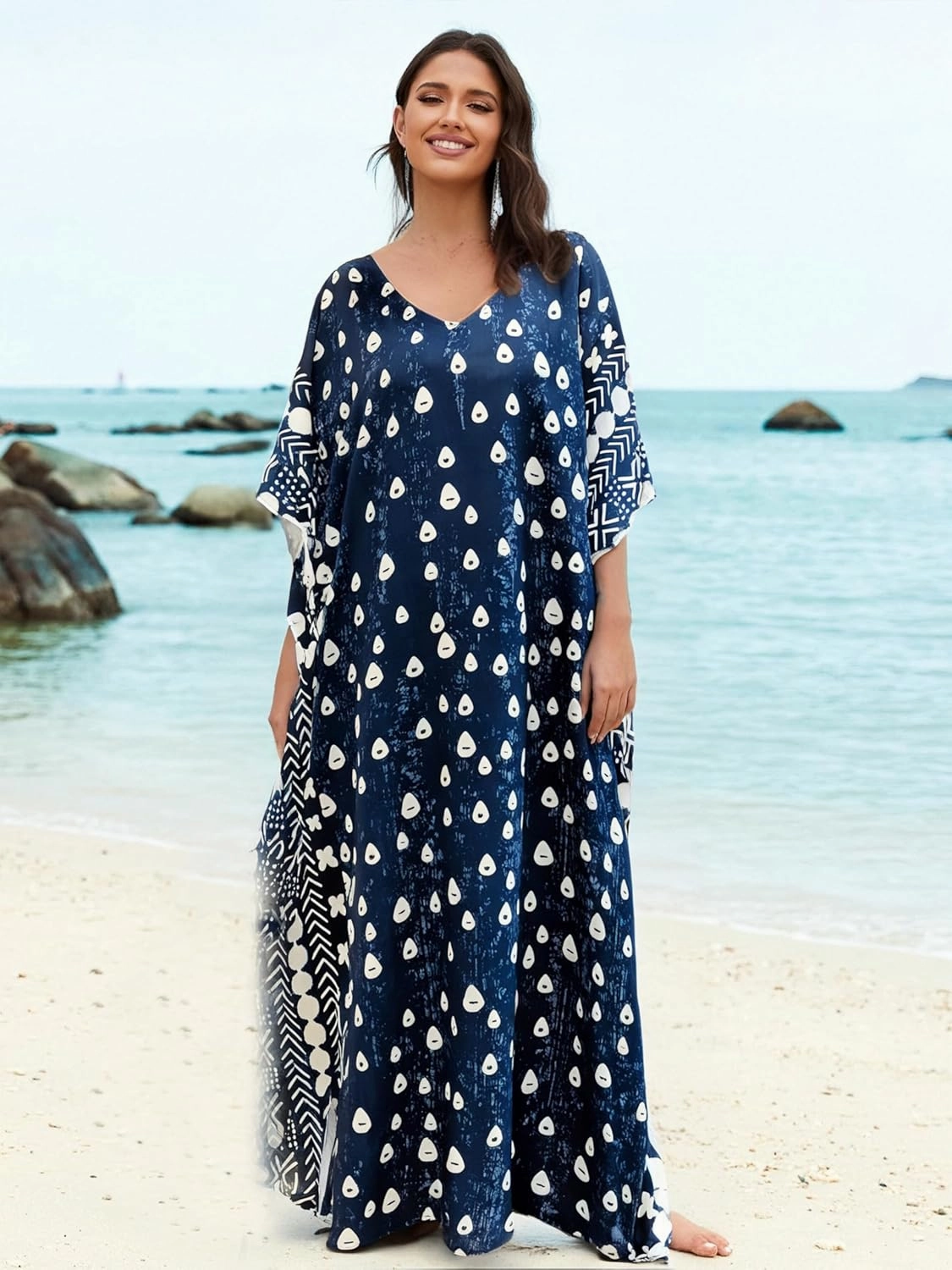 Women's Kaftan Swimwear Cover Up Short Sleeve Caftans for Women Mumu Dresses V-Neck Kaftan for Lounging