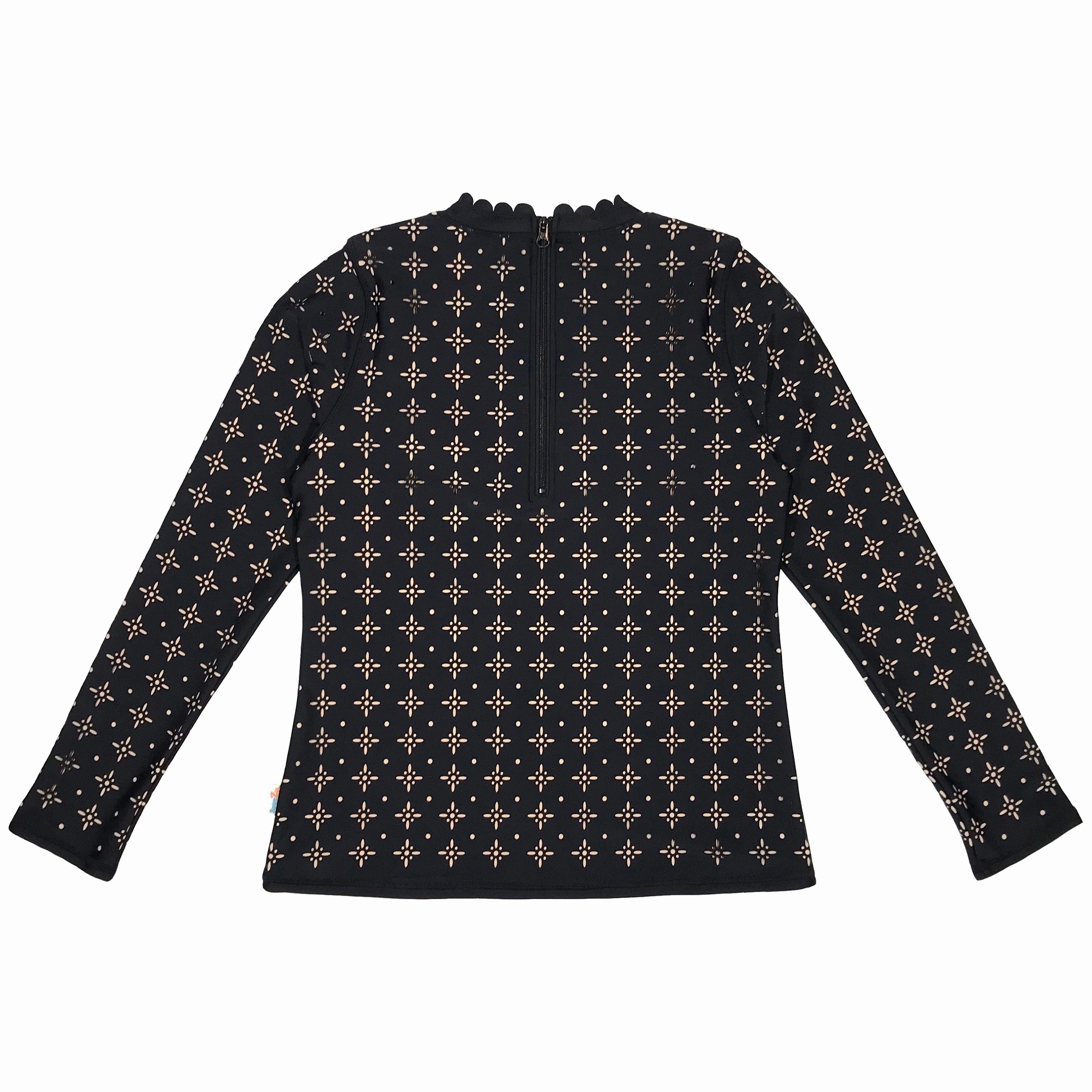 Women's Long Sleeve Laser Cut Scallop Neck Rash Guard - ???Black???
