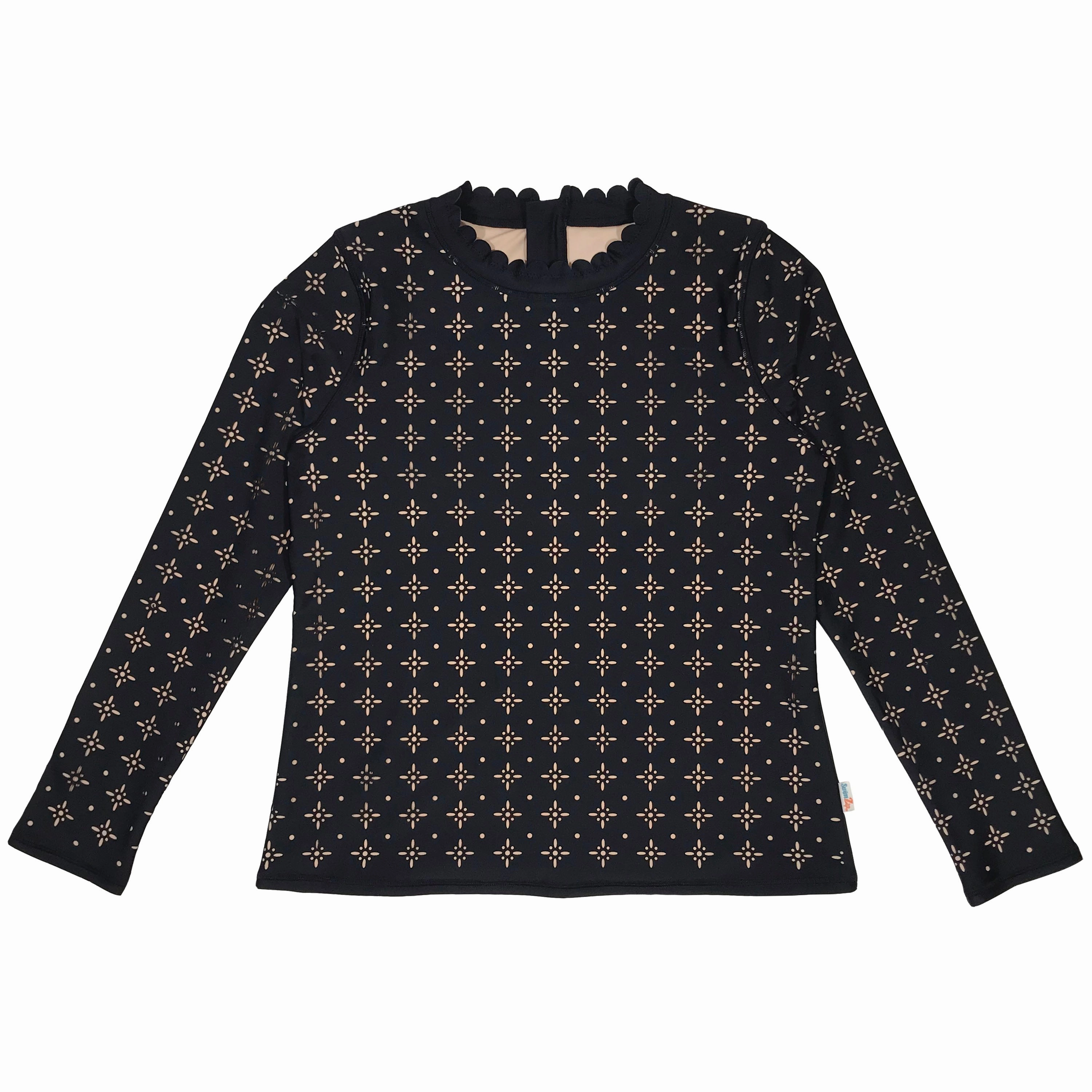 Women's Long Sleeve Laser Cut Scallop Neck Rash Guard - ???Black???
