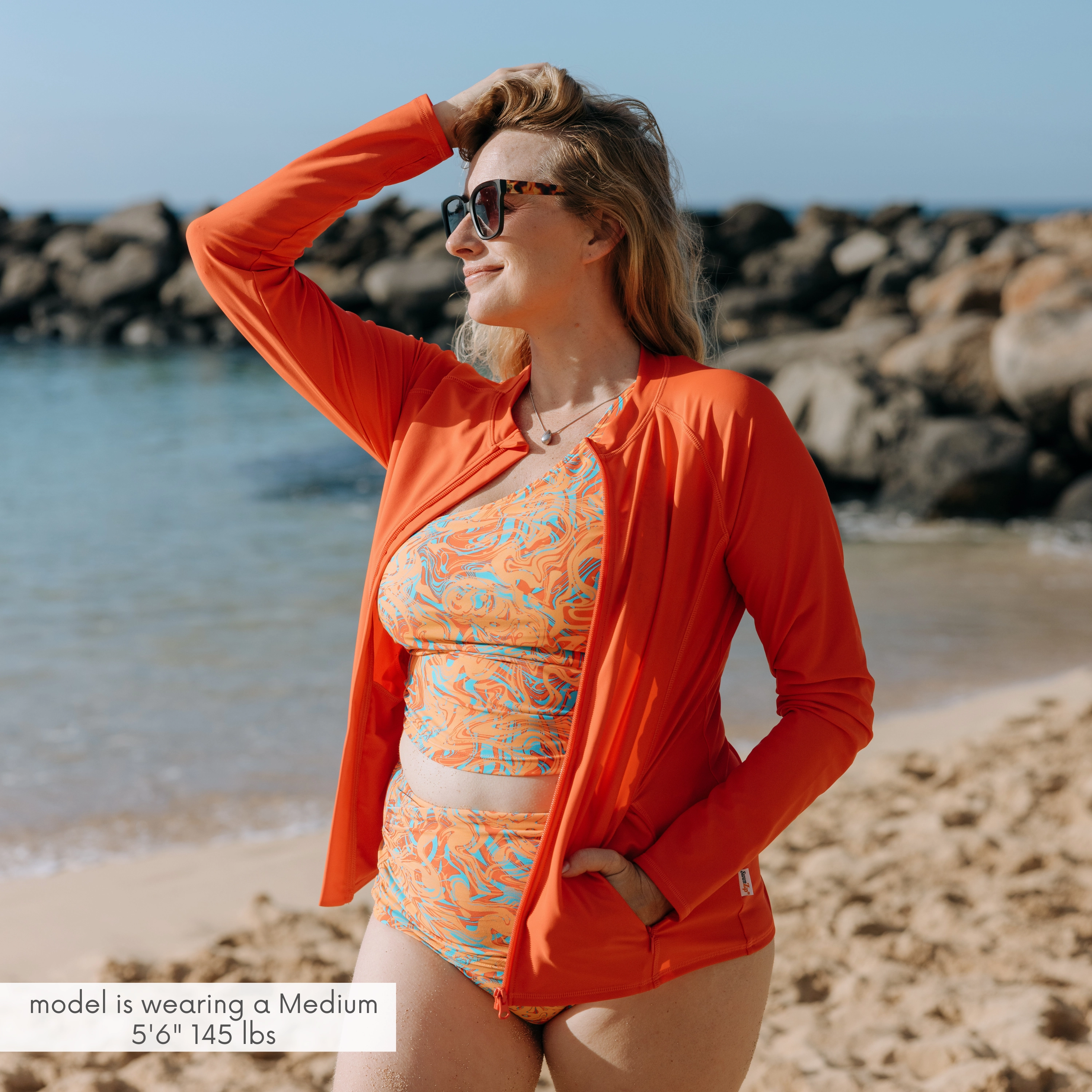 Women's Long Sleeve Rash Guard with Pockets | "Fiesta Red"