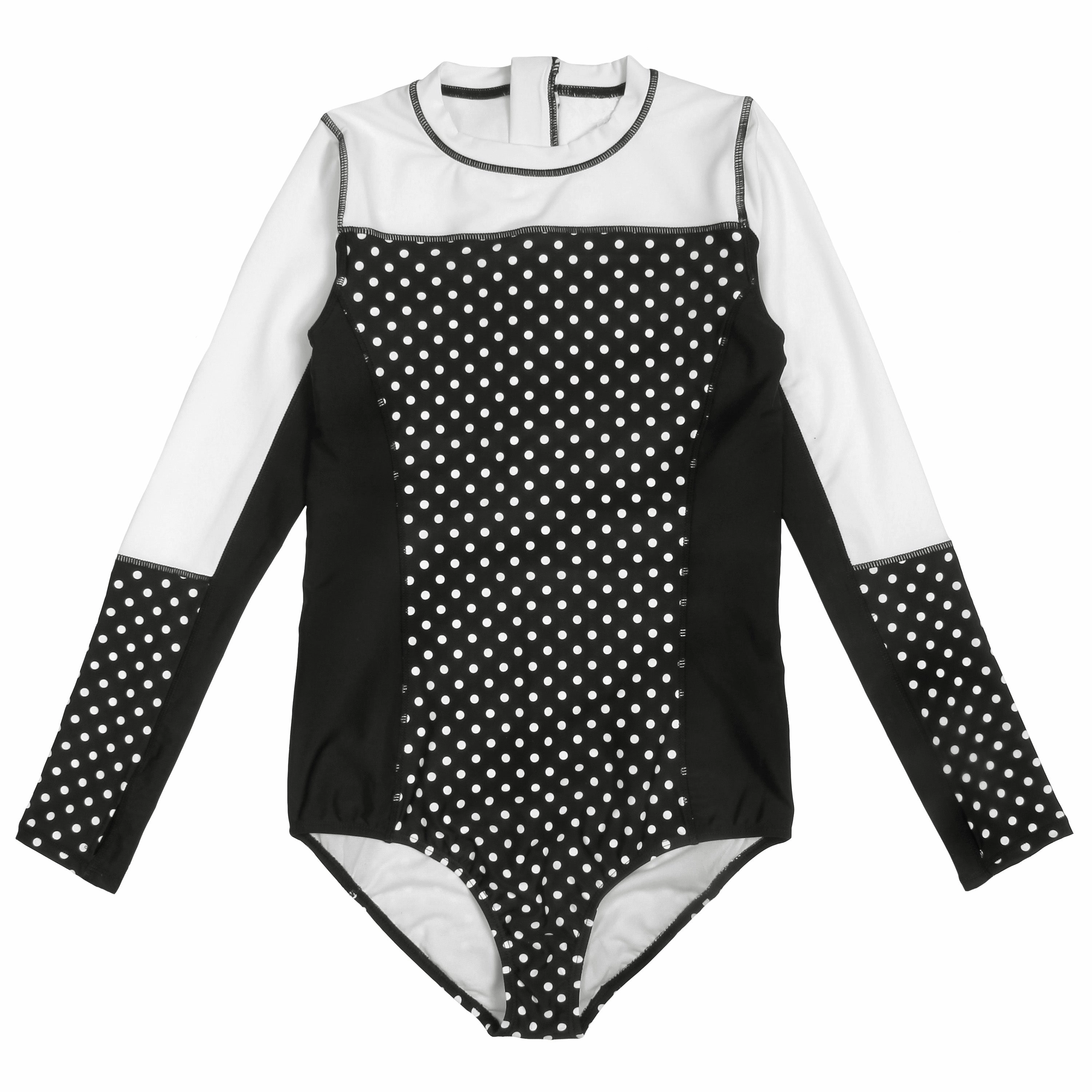 Women's Long Sleeve Surf Suit (One Piece Bodysuit) - "Black Polka Dot"