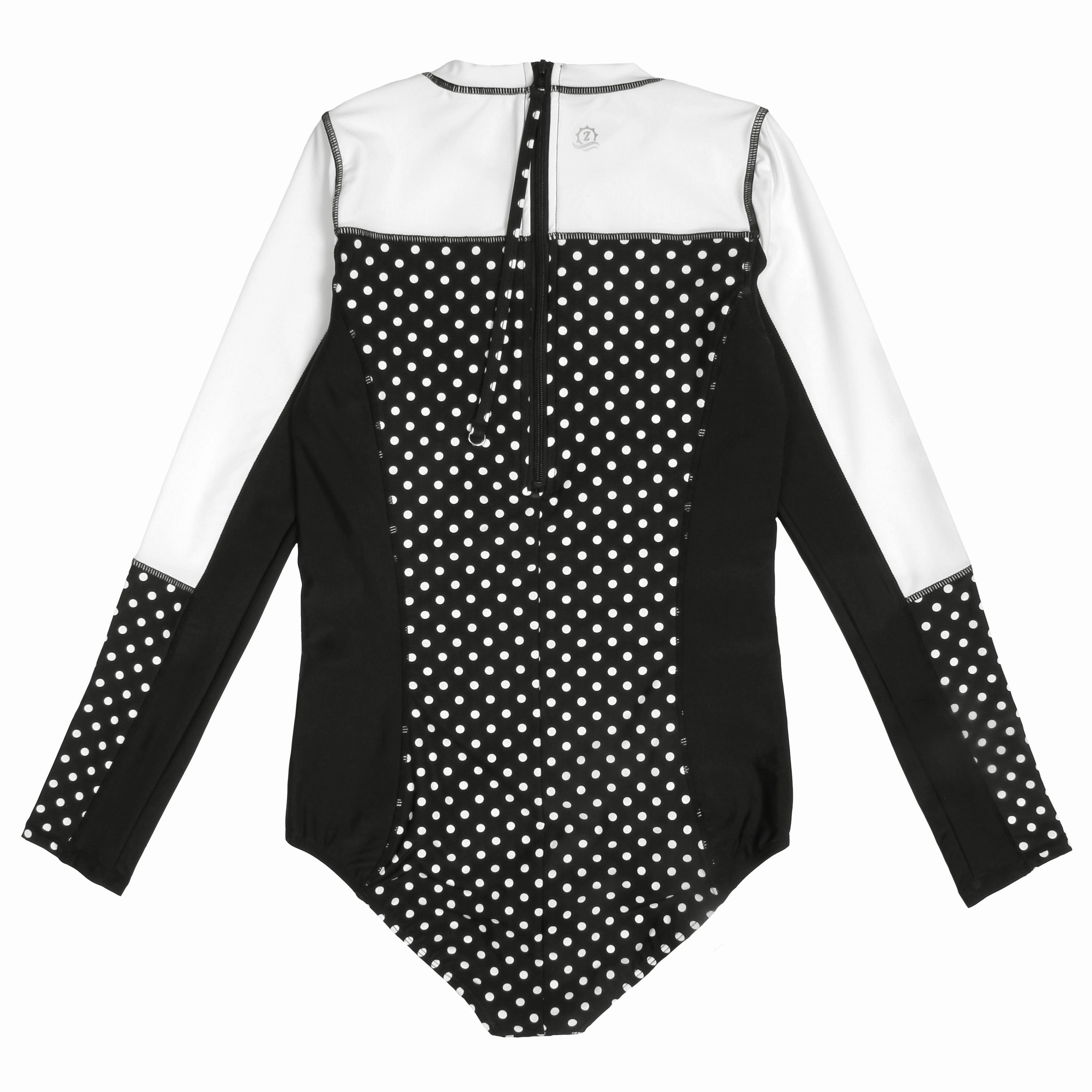 Women's Long Sleeve Surf Suit (One Piece Bodysuit) - "Black Polka Dot"