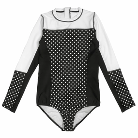 Women's Long Sleeve Surf Suit (One Piece Bodysuit) - "Black Polka Dot"
