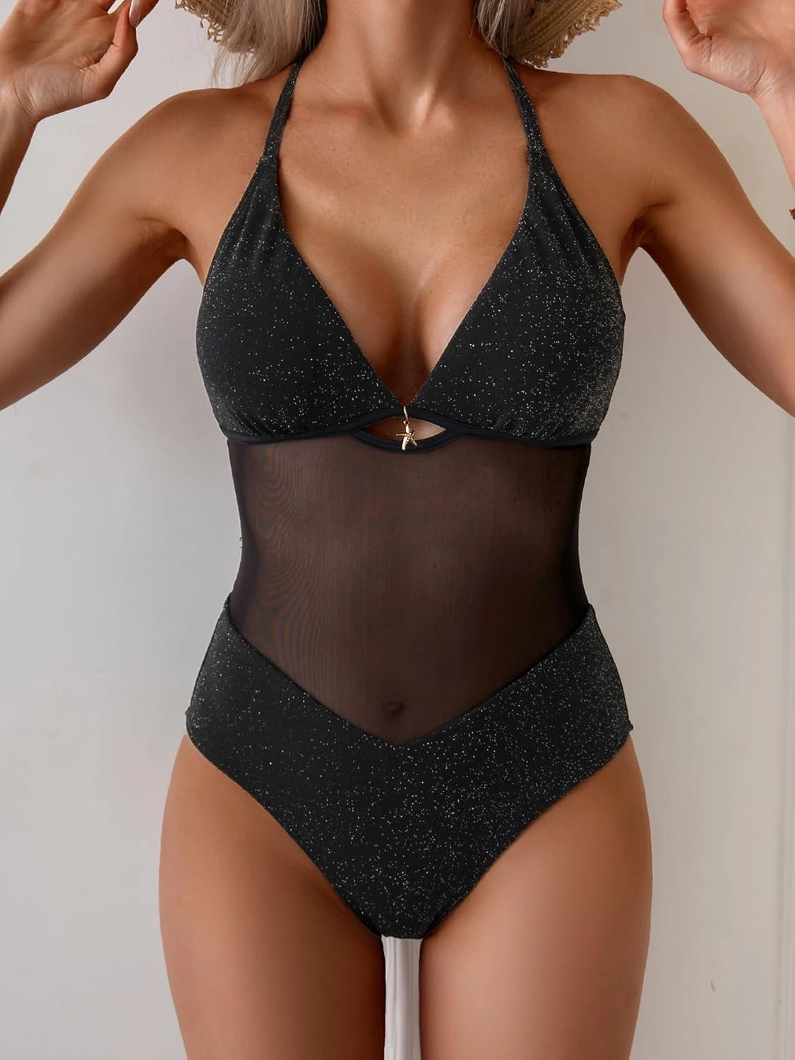 Women's Mesh One Piece Swimsuit Tummy Control Slimming Bathing Suit V Neck Cutout Shiny Swimwear