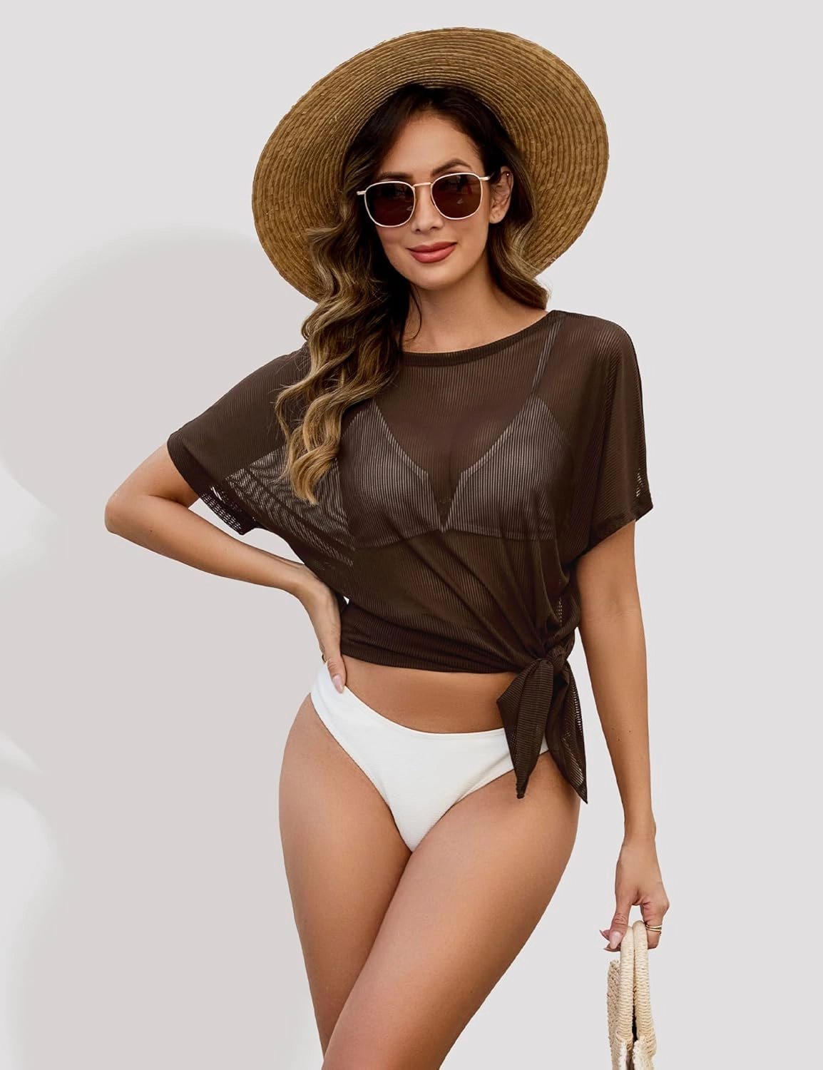 Women's Mesh Sheer Swimsuit Cover up Side Slit Tie Short Sleeve Beach Skirt Multi-Way Wear Bikini Swim Coverup