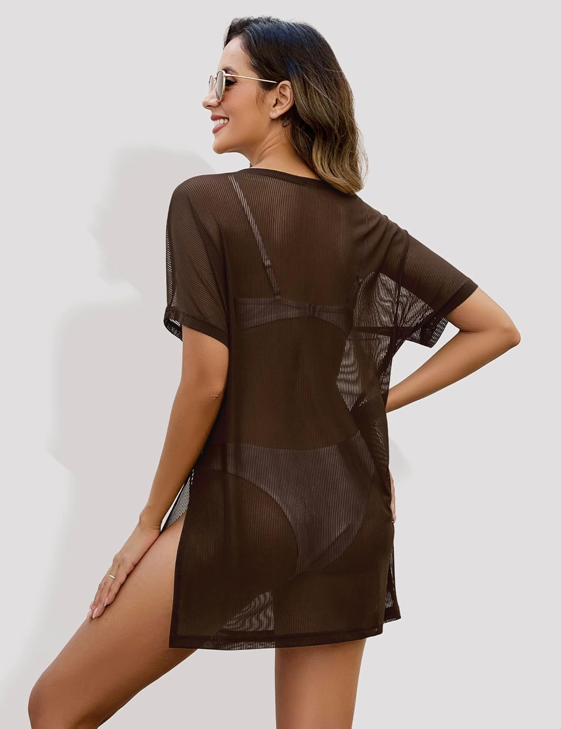 Women's Mesh Sheer Swimsuit Cover up Side Slit Tie Short Sleeve Beach Skirt Multi-Way Wear Bikini Swim Coverup
