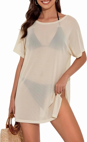 Women's Mesh Sheer Swimsuit Cover up Side Slit Tie Short Sleeve Beach Skirt Multi-Way Wear Bikini Swim Coverup