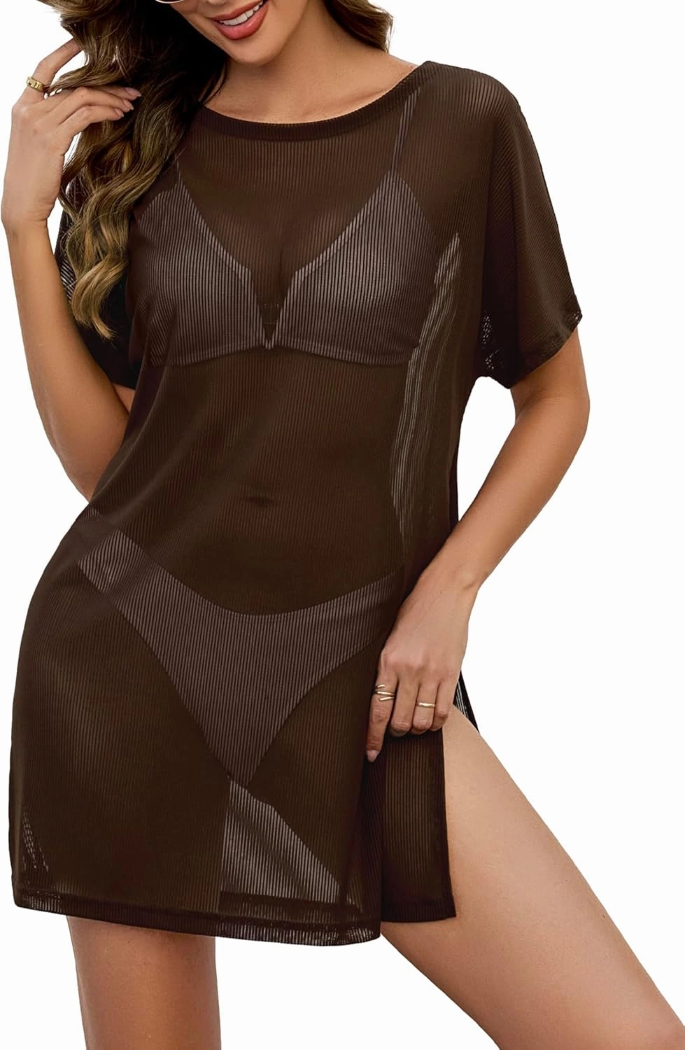 Women's Mesh Sheer Swimsuit Cover up Side Slit Tie Short Sleeve Beach Skirt Multi-Way Wear Bikini Swim Coverup
