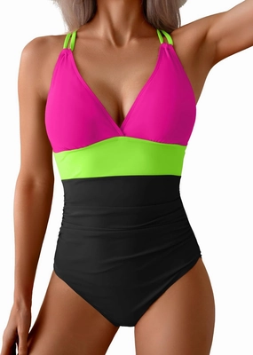 Women's One Piece Color Block Swimsuit Tummy Control Slimming Bathing Suit V Neck Cutout High Waisted Swimwear