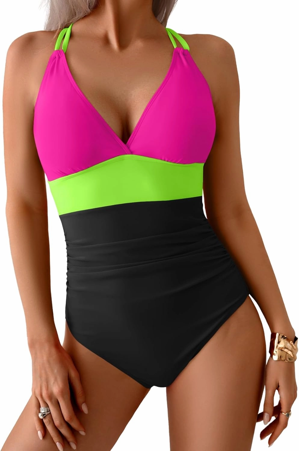 Women's One Piece Color Block Swimsuit Tummy Control Slimming Bathing Suit V Neck Cutout High Waisted Swimwear