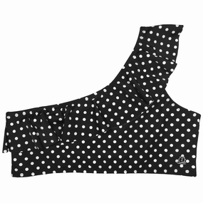 Women's One Shoulder Bikini Top - "Black Polka Dots"
