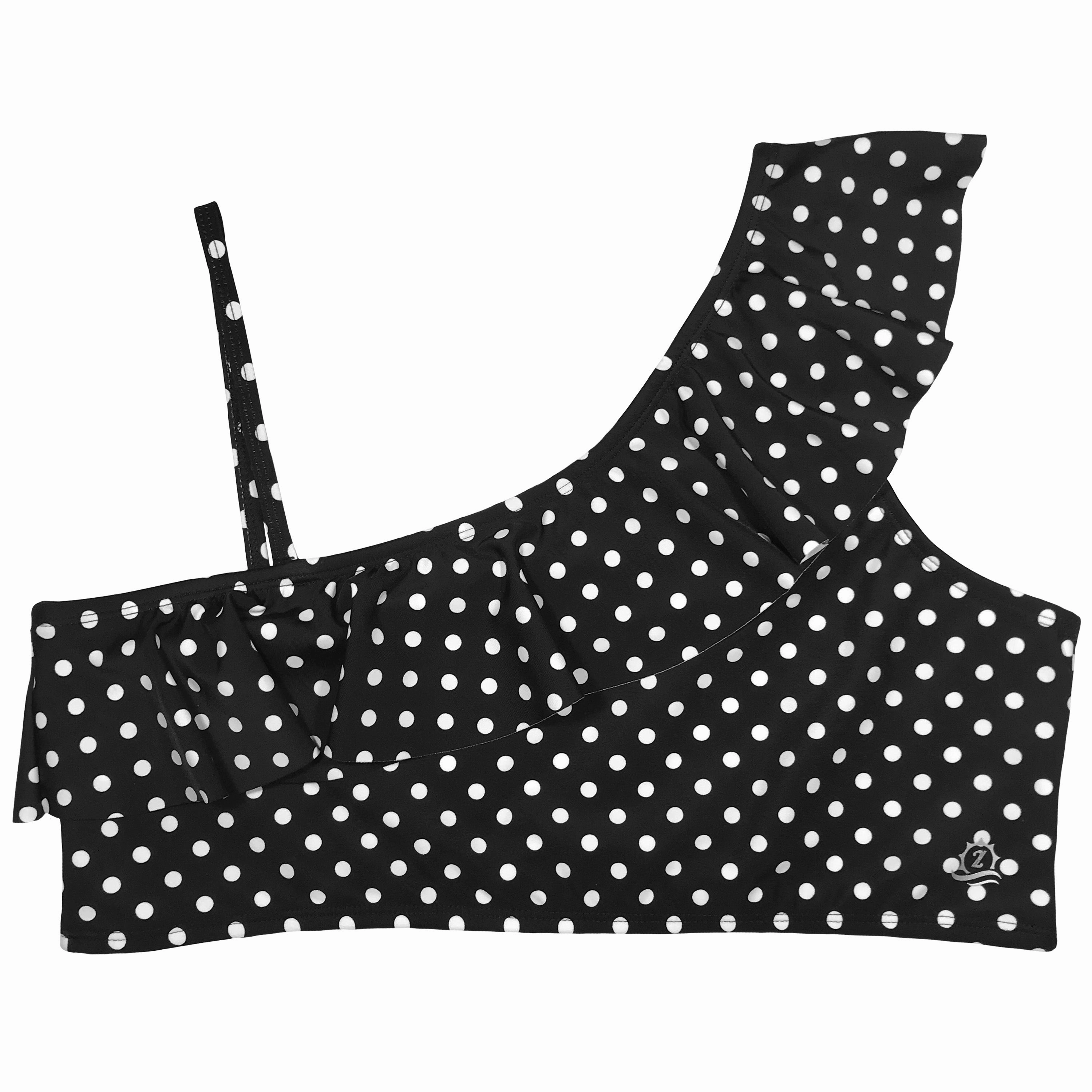Women's One Shoulder Bikini Top - "Black Polka Dots"