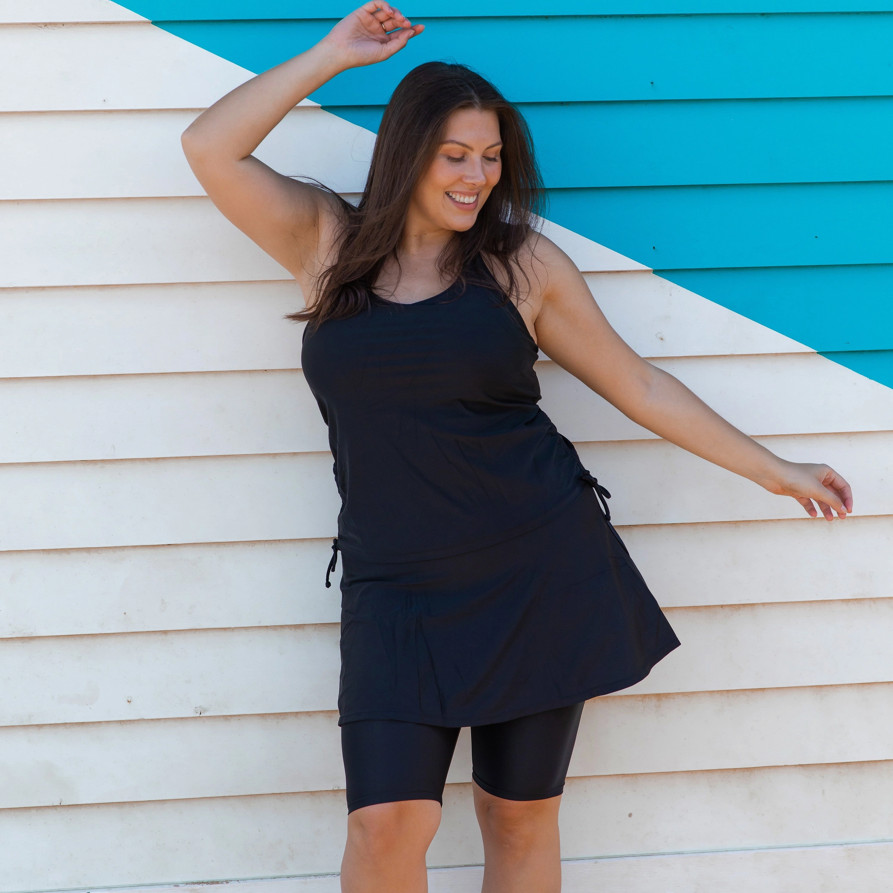 Women's Plus Flared Mid-Thigh Swim Skirt With Bike Shorts