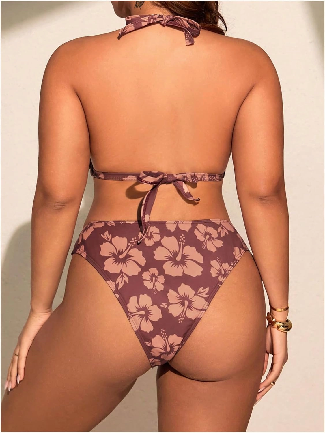 Women's Plus Size 2 Piece Bikini Sets Floral Triangle Thong Bikini High Cut Halter Swimsuit Bathing Suits