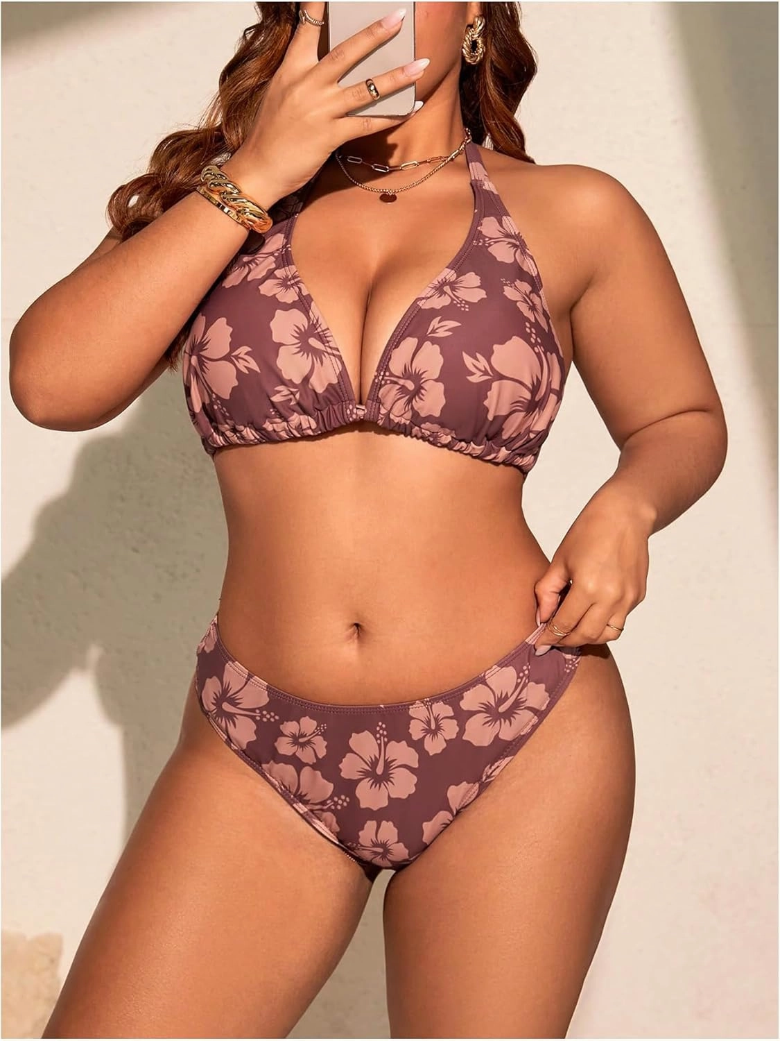Women's Plus Size 2 Piece Bikini Sets Floral Triangle Thong Bikini High Cut Halter Swimsuit Bathing Suits